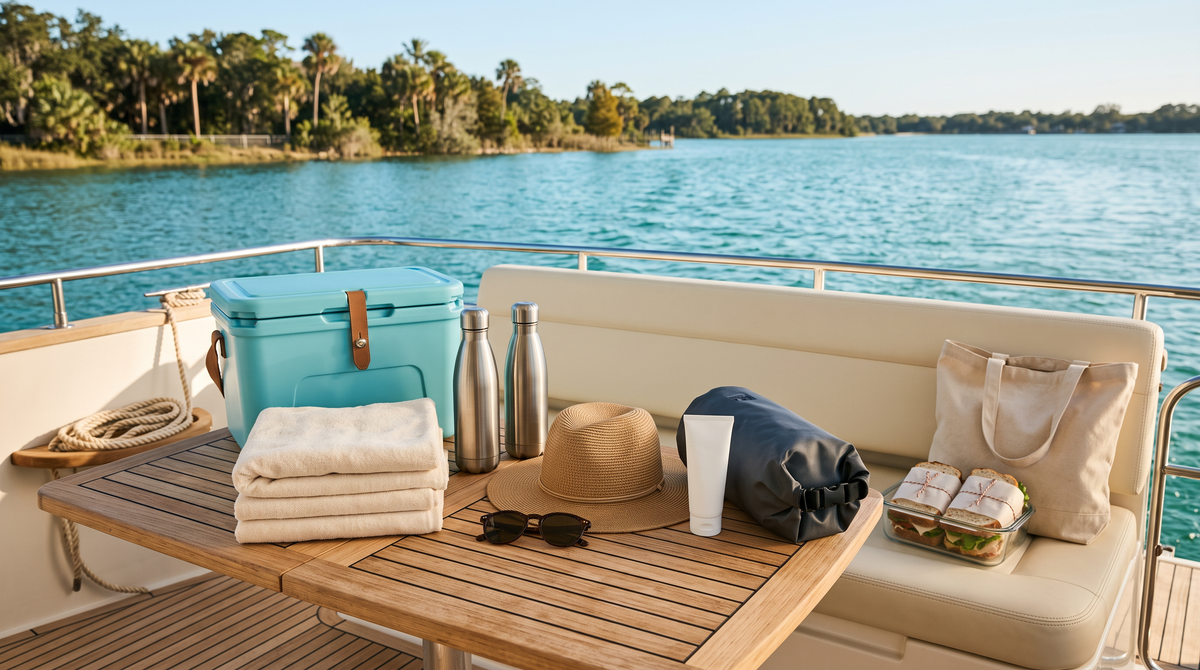 Boat day essentials arranged aboard a boat: cooler, water bottles, towels, sun hat, sunscreen and dry bag.