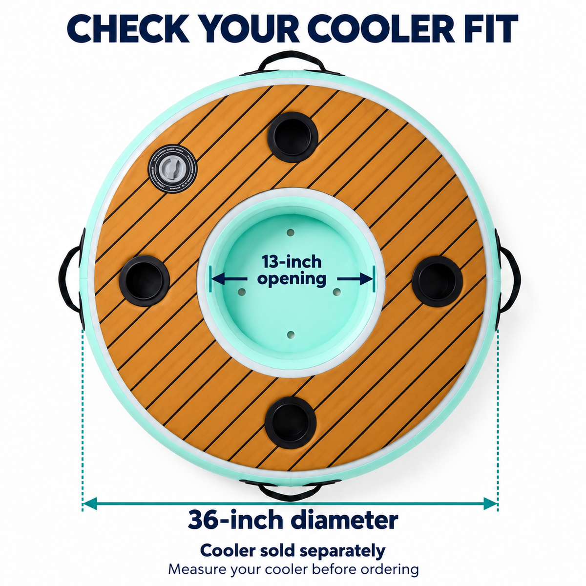 Buoyant Helm floating bar with a 36-inch outer diameter and 13-inch cooler opening; cooler sold separately.