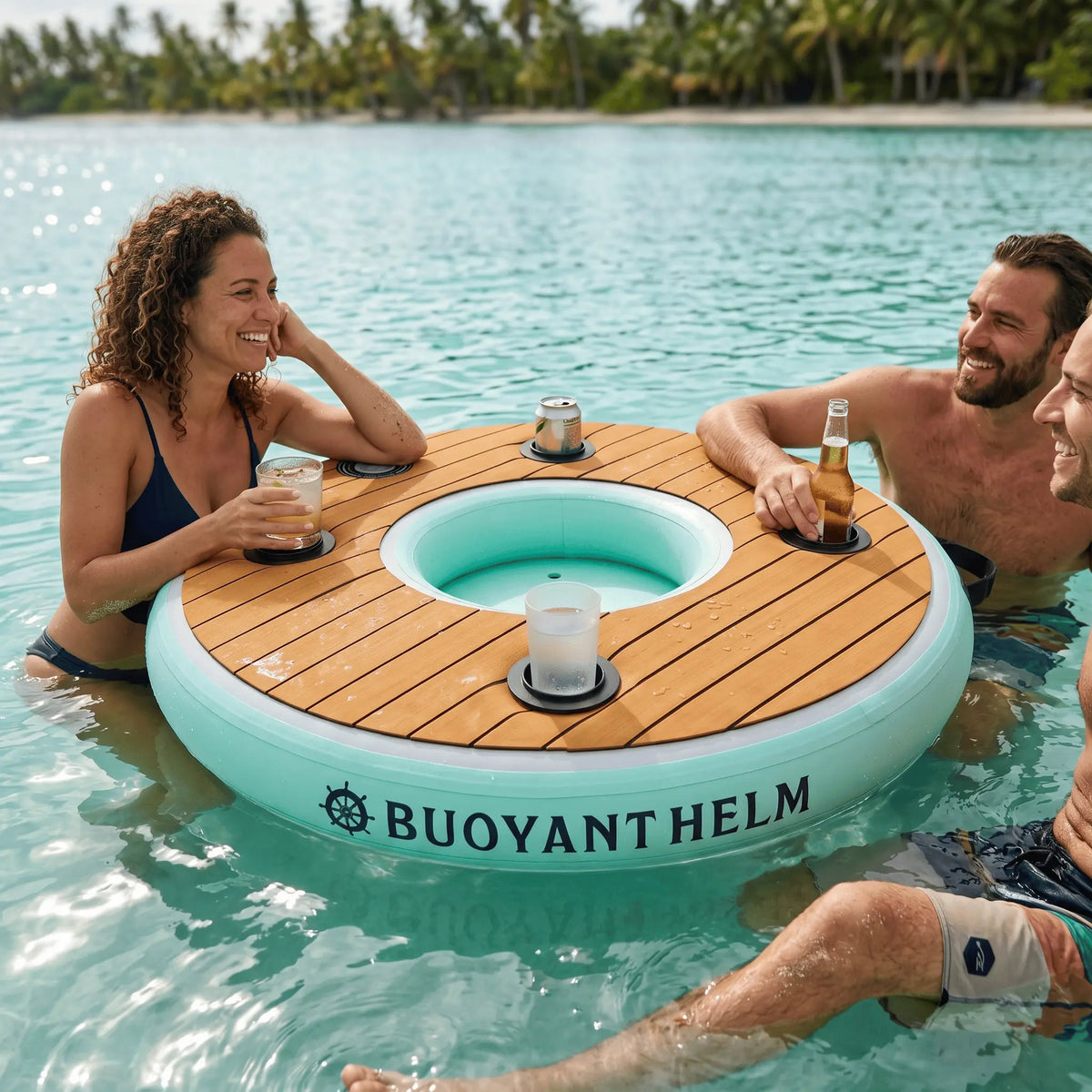 Friends gathered around a Buoyant Helm floating bar on the water
