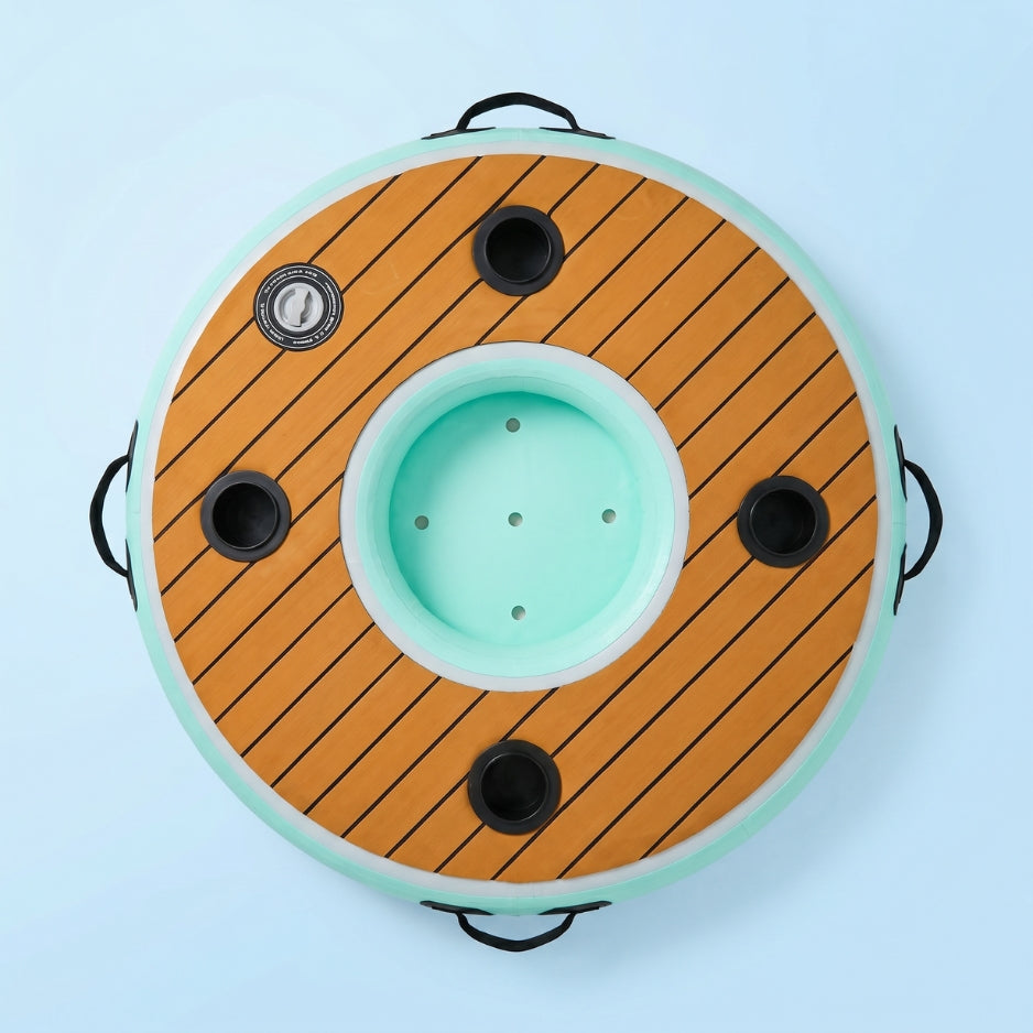 Overhead view of the floating bar tabletop, cup holders and center cooler well