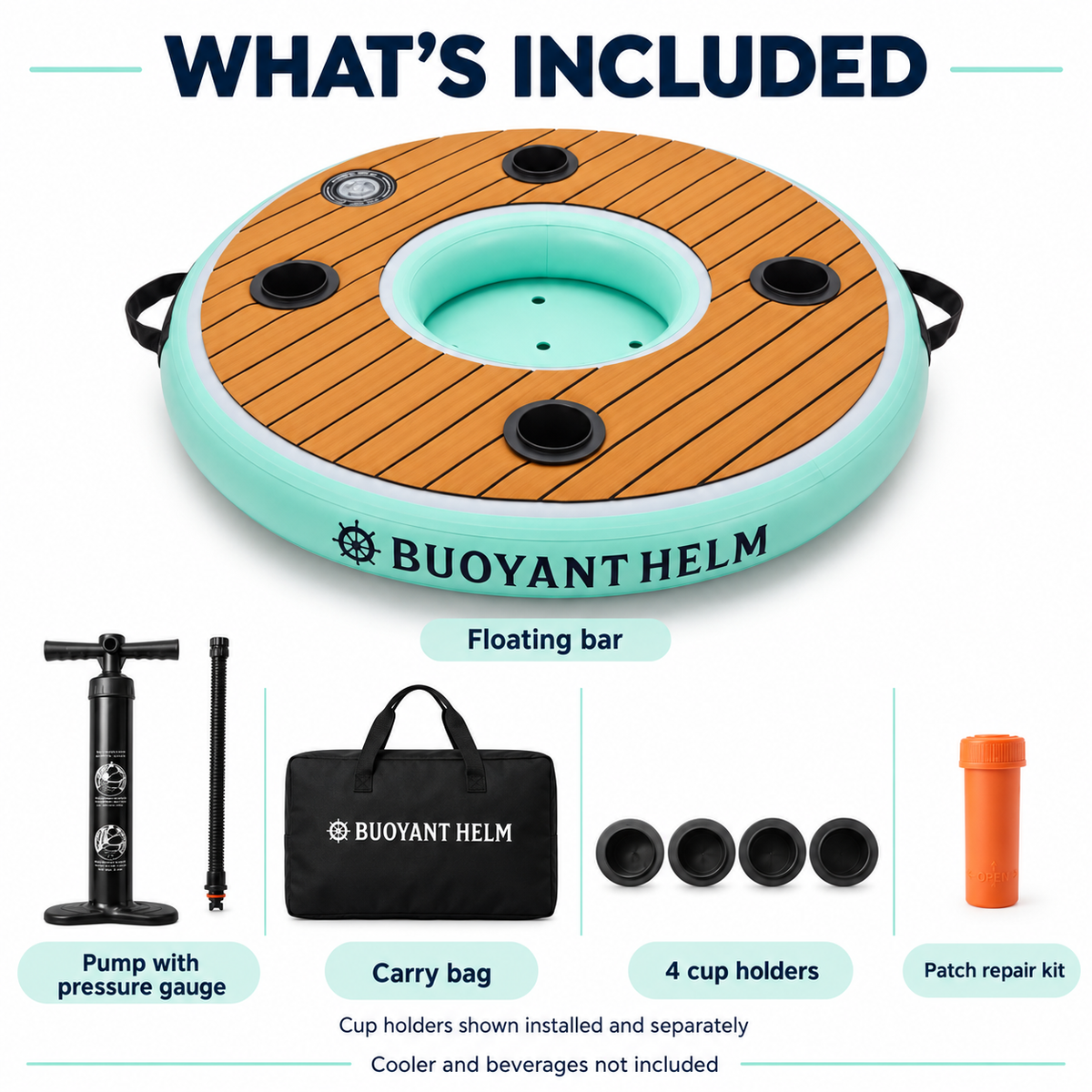 Buoyant Helm floating bar kit with pump and pressure gauge, carry bag, four cup holders and patch repair kit; cooler and drinks not included.