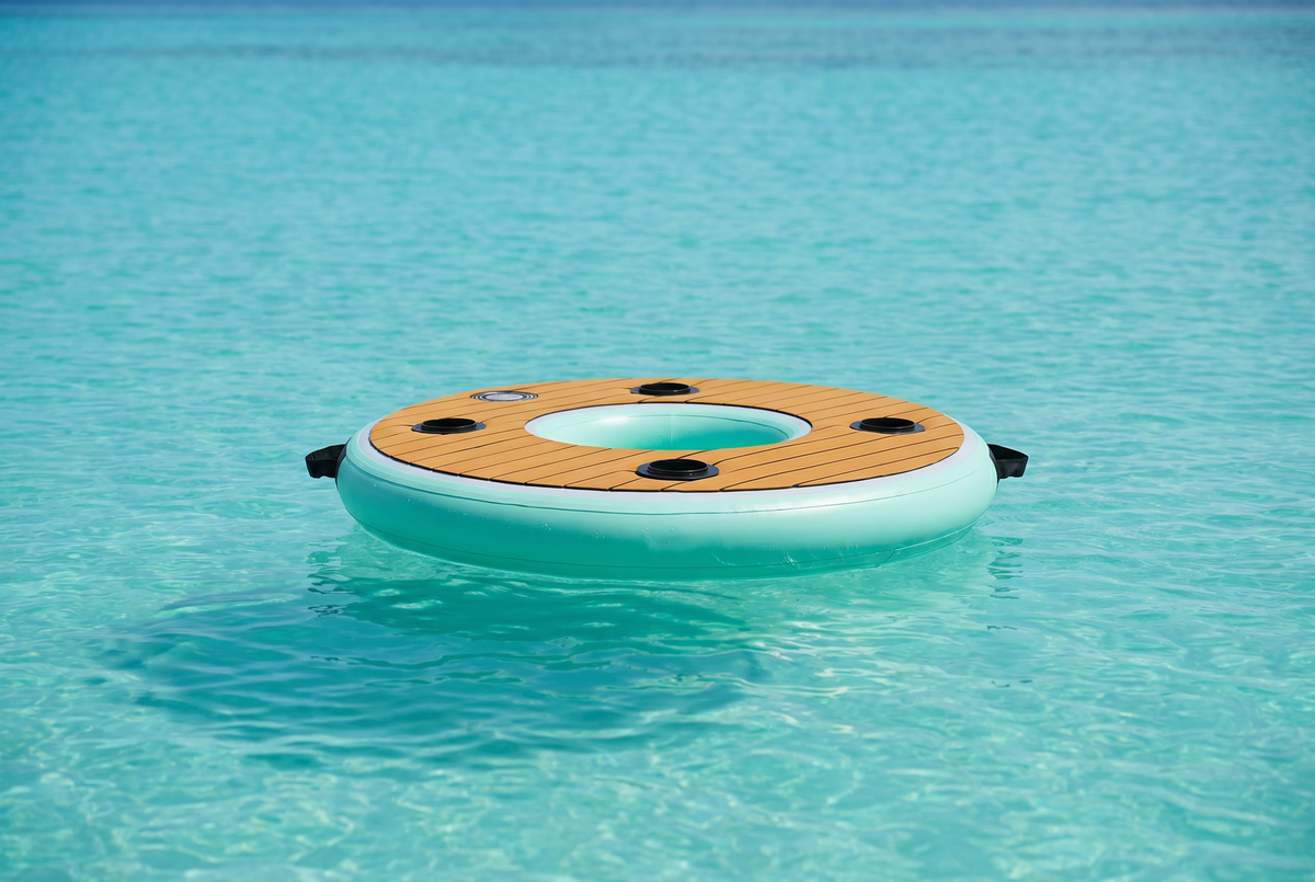 Buoyant Helm floating bar with a wood-look top on clear blue water