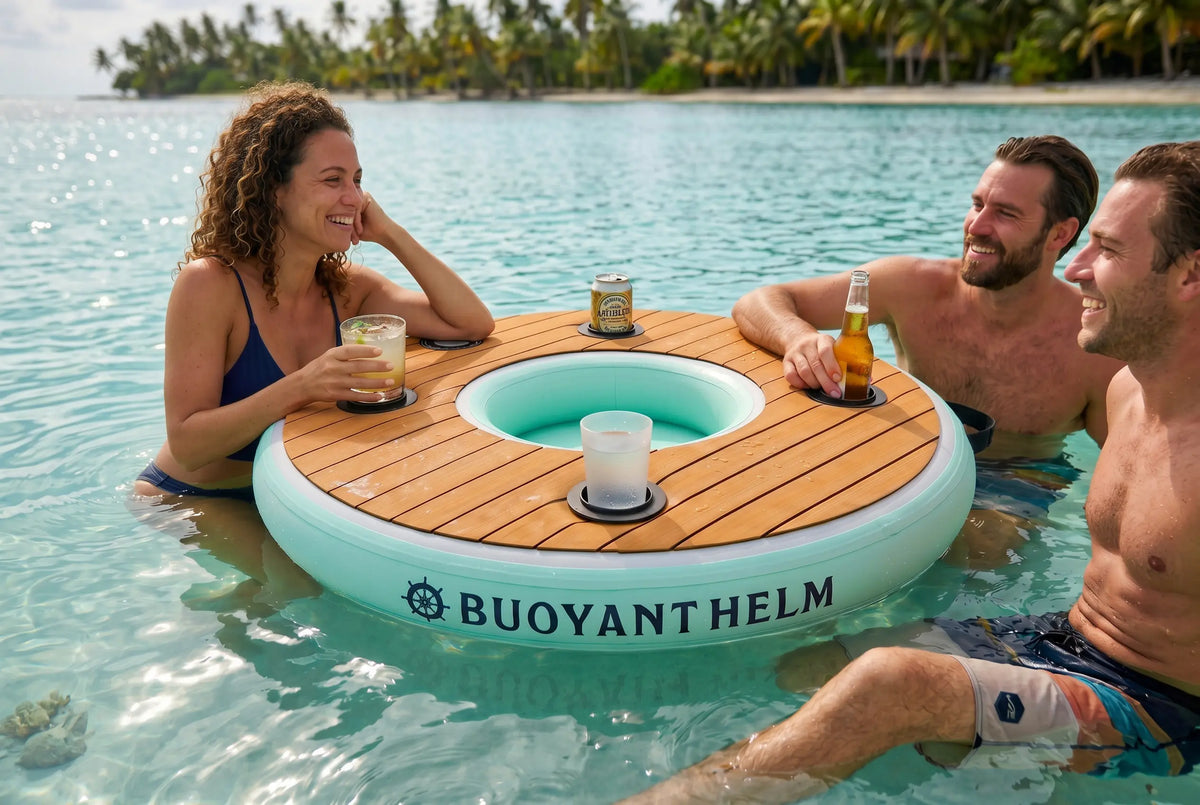 People enjoying drinks on a floating inflatable table in the water with 'Buoyant Helm' branding.