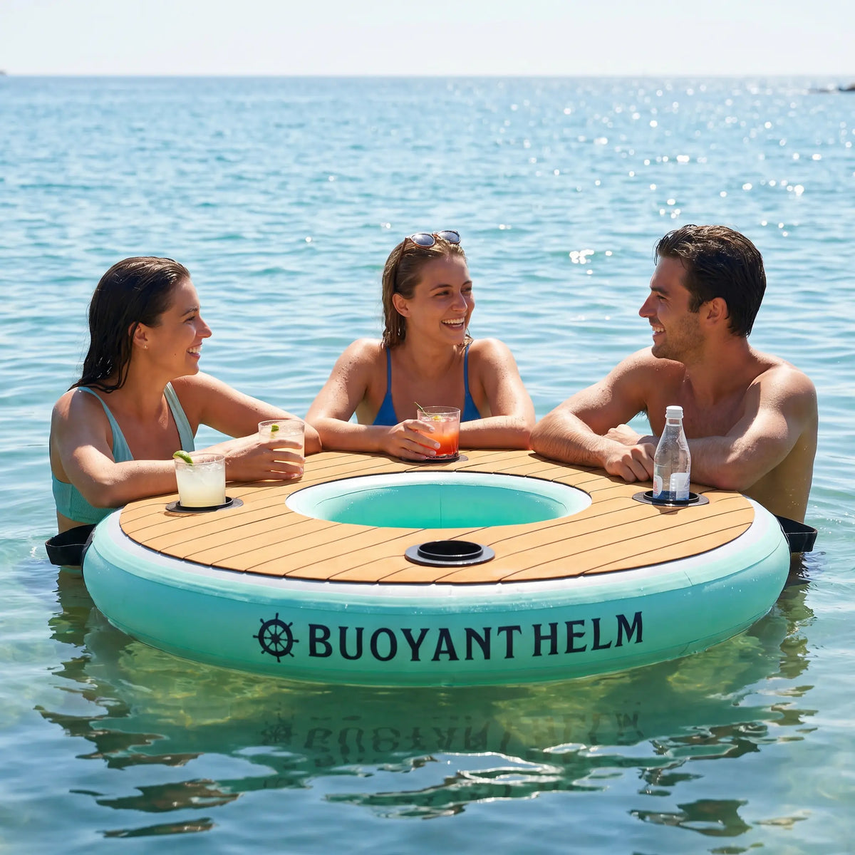 Three people enjoying drinks around a floating bar on the water