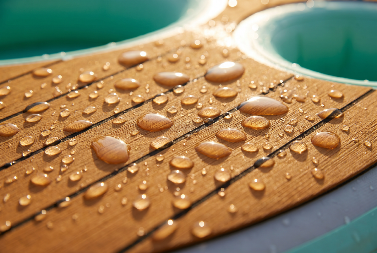 Water droplets on the floating bar's wood-look tabletop, with a pool in the background